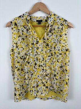 Ann Taylor Petite Yellow Floral Sleeveless Ruffle Neck Blouse, Size S